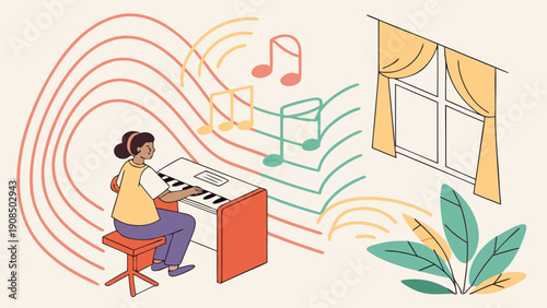 Woman playing piano with musical notes and rainbow lines in a cozy room with a window and plant