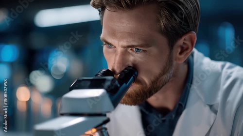 Man examines specimen carefully using microscope in laboratory setting focused on scientific research and exploration of biological samples