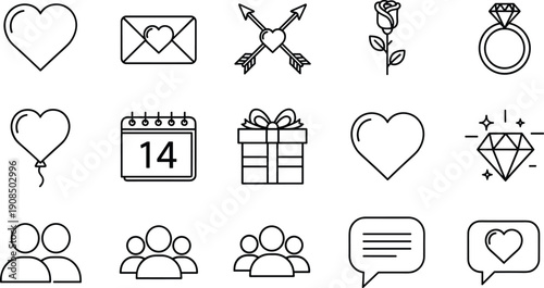 Valentine Day Line Icon Set Featuring Romantic Hearts Love Letters Rose Flowers Diamond Rings and Calendar Date Isolated on White Background for Graphic Design