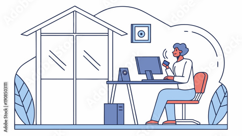 Remote worker using voice commands to control smart home office technology with computer and speaker