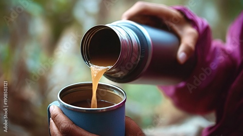 Person pouring hot coffee from thermos into mug outdoors