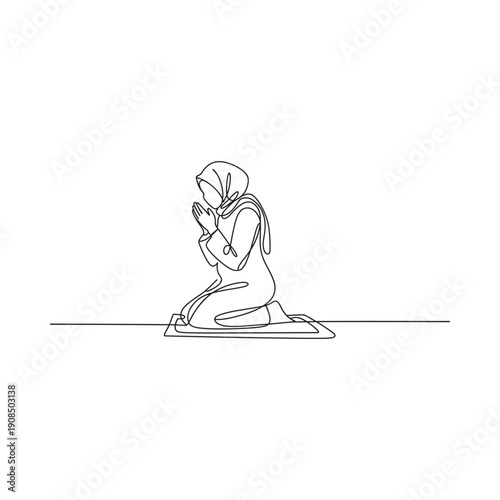 A continuous line drawing of a woman kneeling in prayer with a hijab