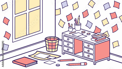 Creative workspace with disorganized desk colorful sticky notes and office supplies scattered around