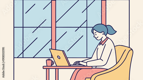 Woman working from home on laptop by window with coffee