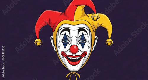 Jester's colorful face with red nose and painted smile on dark background