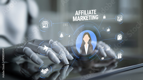 Fotografia Futuristic Robotic Hand Engaging in Digital Affiliate Marketing with Icons Representing Online Business Concepts and Virtual Connections Quark