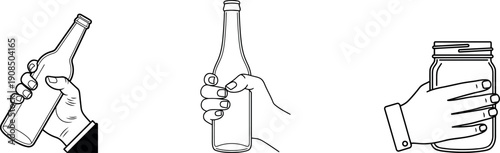 Hand holding bottle and jar line icon set vector illustration graphic isolated on transparent background