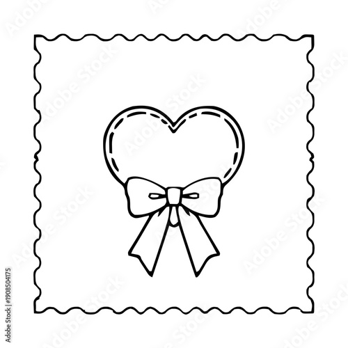 Valentines – Love Letters & Stationery (BW Outline) – postage stamp heart outline with ribbon bow