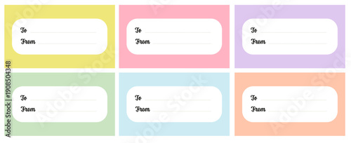 Gift tag label set with place for text To and From in Danish pastel colors. Minimal blank labels collection on colorful backgrounds.