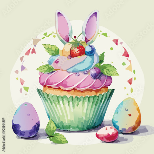 Easter Watercolor Bunny Ear Cupcake Illustration – Pastel Spring Dessert Clipart Design