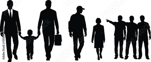 Silhouette family walking, business man with briefcase, casual people, woman in dress, group pointing, social interaction, lifestyle diversity, community unity, urban design, companionship