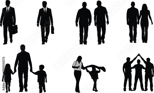 Silhouette business men, walking colleagues, couples holding hands, family with children, parenting interaction, group unity, social connection, lifestyle diversity, community design, teamwork