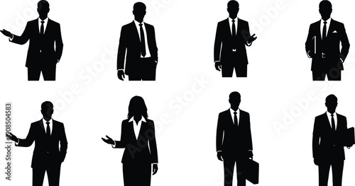 Silhouette business professionals, male and female figures, corporate attire, briefcase carrying, professional gestures, office lifestyle, teamwork concept, leadership, success, communication