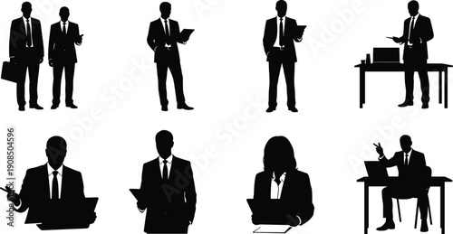 Silhouette business professionals, office teamwork, corporate attire, laptop work, meeting presentation, workplace communication, leadership concept, success, collaboration, professional lifestyle
