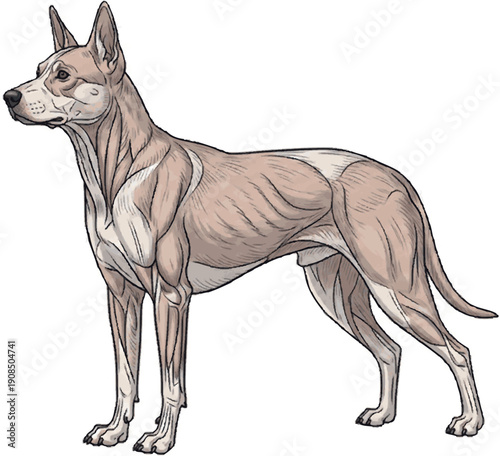 Anatomy illustration of a lean canine showing its muscular structure, emphasizing its skeletal and musculature definition