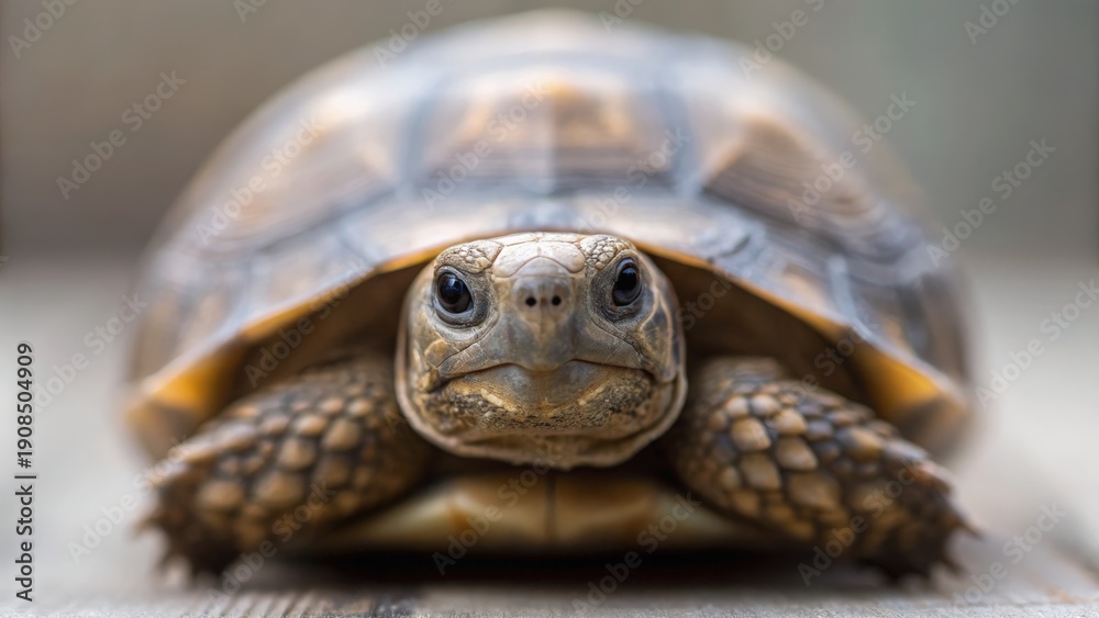 Fototapeta premium Disease Carrier Species Close-up image of a tortoise looking directly at the camera on a neutral background.