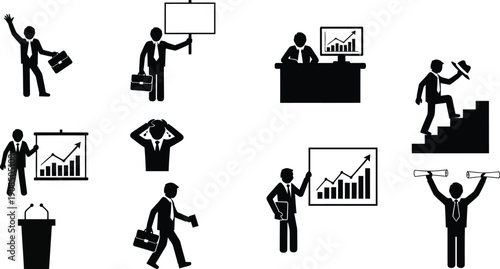 Silhouetted businessman figures illustrate various professional scenarios including holding signs, sitting at desks, presenting data,.