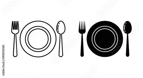 Place Setting Icon Duo: Outline and Silhouette for Dining and Restaurant
