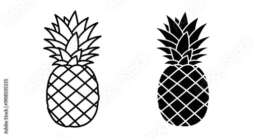 Outline and solid silhouette icons of a pineapple, representing tropical fruit, summer, and exotic flavors.