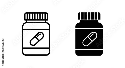 Two icons of a medicine bottle, one outline and one solid silhouette, for pharmaceutical and healthcare concepts.