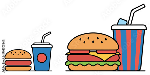Two cartoon burgers and two cartoon soda cups on a white background hamburger cheeseburger