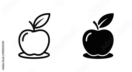A simple apple icon with a leaf, in both outline and silhouette, representing healthy food, knowledge, and education.