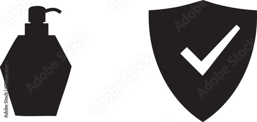 Hand Sanitizer Bottle Icon With Security Shield Checkmark Symbol Design