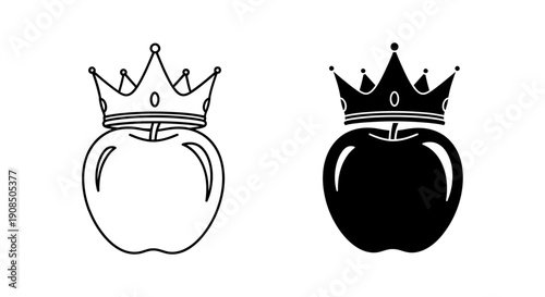Royal Apple Icon: Outline and Silhouette Duo for Royalty and Health Concepts