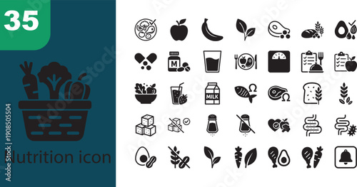 Nutrition icon set with healthy food, diet, vitamins and wellness symbols for web, app and infographic use.