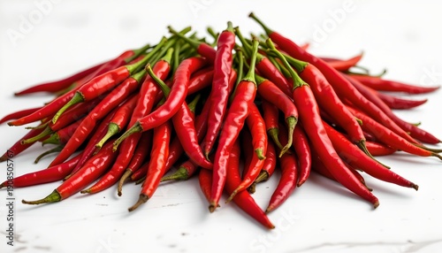 A collection of vibrant red chili peppers is arranged on a light surface, with some peppers overlapping and pointing in various directions