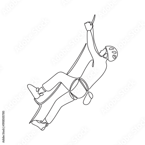 A minimalist line drawing depicts a person rock climbing appearing to ascend