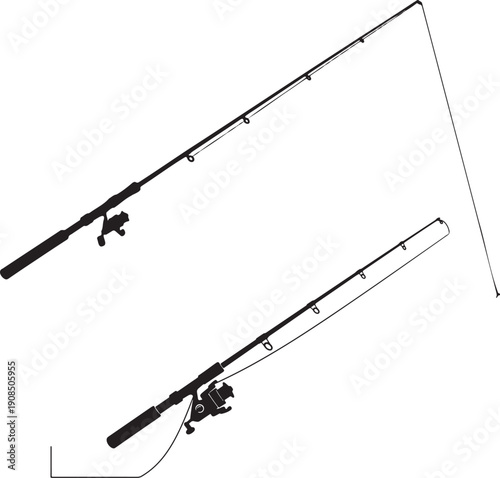 Two fishing rods with reels and fishing line set against clear space