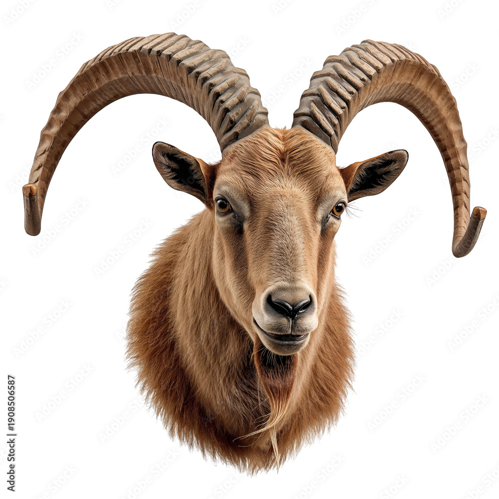 Fototapeta premium Mountain Goat Head With Large Horns on a White Background