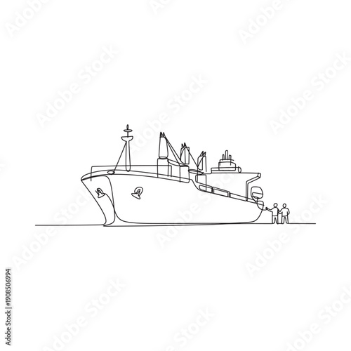 Detailed line drawing depicts a large cargo ship with people on the dockside