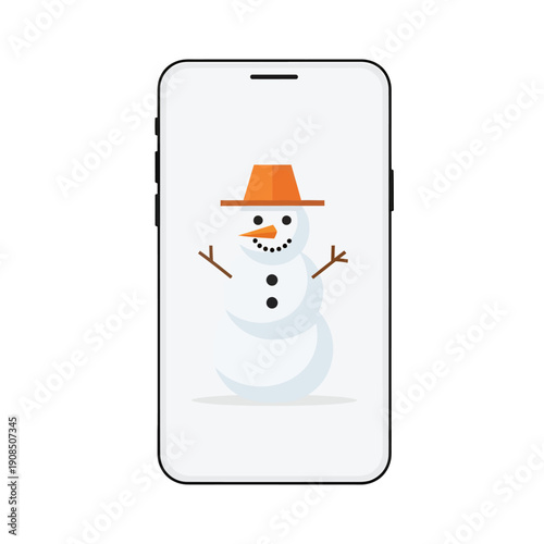 Snowman on smartphone screen with orange hat and friendly expression