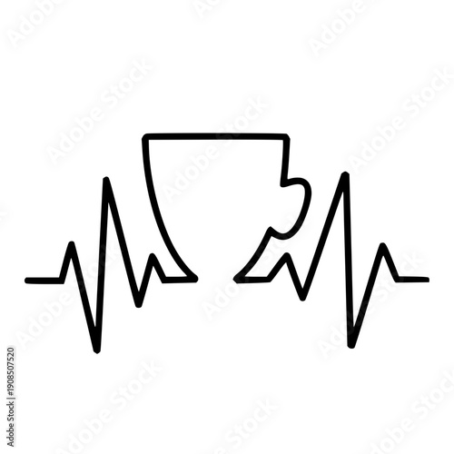 Minimalist coffee cup icon integrated into an energetic electrocardiogram heartbeat line art, symbolizing the essential daily rhythm, vitality, and the invigorating boost of a morning beverage