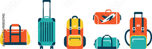Travel Luggage and Bag Icon Set with Suitcase, Backpack, Duffel, Carry On, and Adventure Baggage for Trip and Vacation Vector Illustration