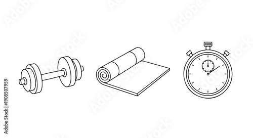 Minimalist vector graphics depicting essential fitness tools: a dumbbell, a yoga mat, and a stopwatch.