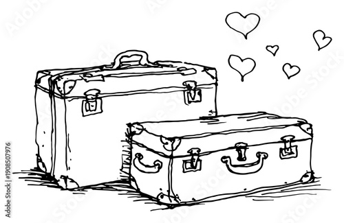 Two vintage travel suitcases with floating love hearts Hand drawn sketch doodle style vector illustration