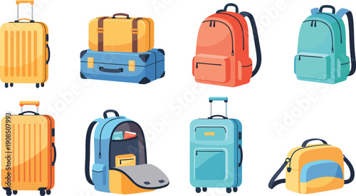 Travel Bags and Luggage Collection with Suitcases, Backpacks, Duffel Bags, Carry On Cases, and Colorful Baggage Designs Vector Illustration