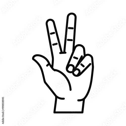 Hand showing three fingers. Simple black line illustration on white background, vector graphic.