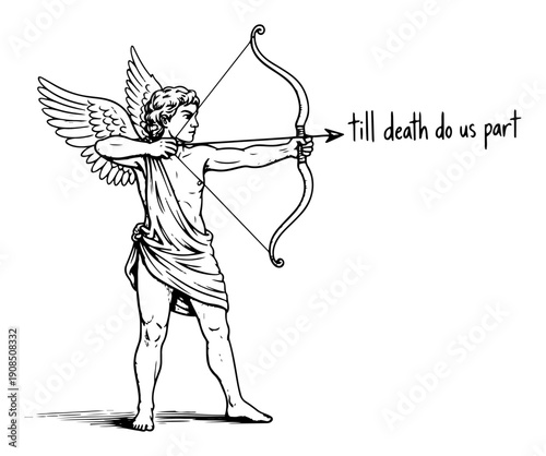 Cupid archer shooting bow and arrow with quote till death do us part Vintage woodcut engraving style vector illustration