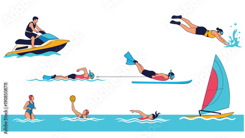 Collection of people actively engaged in various water sports, including jet skiing, swimming, snorkeling, diving, paddleboarding, and sailing, depicting fun and recreational activities.