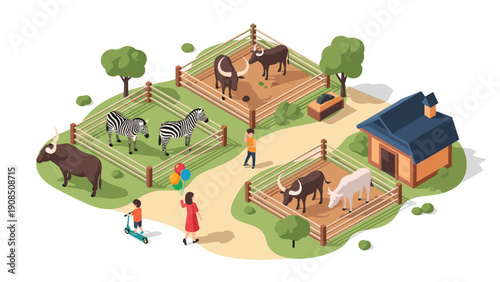 Isometric illustration of a lively zoo scene, featuring various fenced enclosures with zebras and bulls, visitors including a mother and child, and a small house, depicting a park.