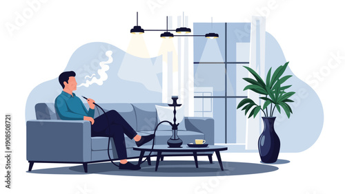 Stylish man relaxing on a modern sofa in a well-decorated living room, smoking a hookah, with a plant and large window in the background, depicting a leisure activity.