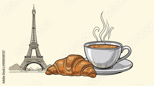 Classic French breakfast scene featuring the iconic Eiffel Tower in a sketch style, accompanied by a steaming cup of coffee and a freshly baked croissant, representing Parisian culture.