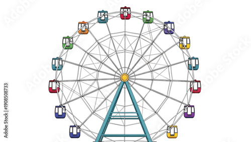 Large and colorful Ferris wheel, featuring multiple gondolas, set against a white background, symbolizing amusement parks, carnivals, entertainment, and fun fair attractions.