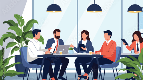 Productive business meeting taking place in a modern office environment, with diverse professionals collaborating around a table, using laptops and discussing work in a corporate setting.