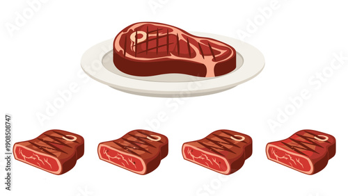 Delicious grilled steak prominently displayed on a white plate, accompanied by four smaller individual pieces, showcasing a perfectly cooked and appetizing meat dish.