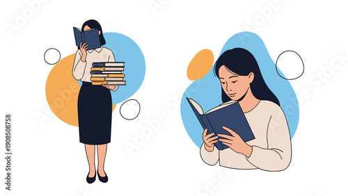 Two women engaging with books; one stands holding a stack of books, and the other reads intently, representing education, knowledge, literature, and the joy of reading.